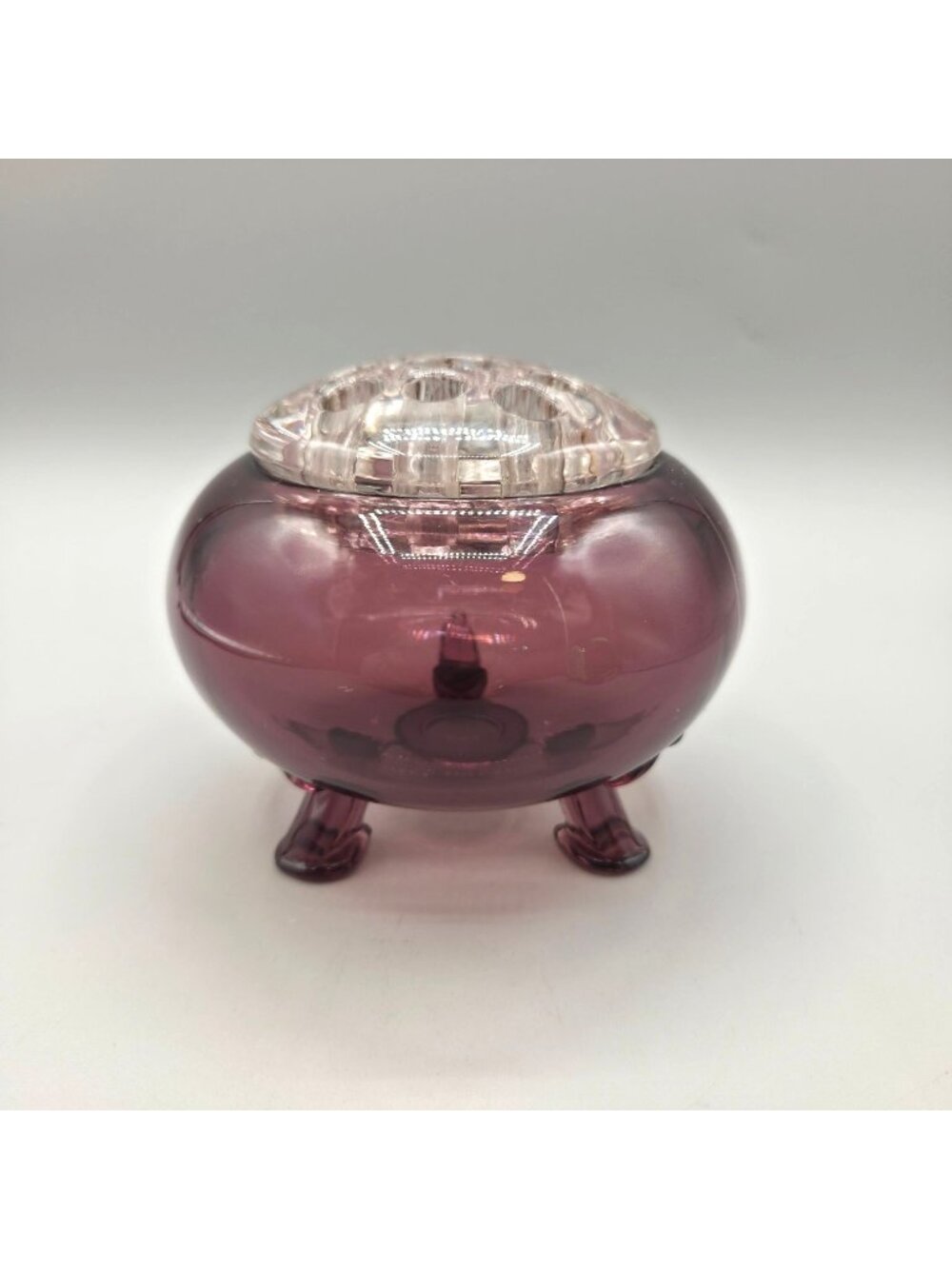 Vintage Viking Glass Amethyst Flowerlite 3-Footed Rose Bowl Clear Flower Frog